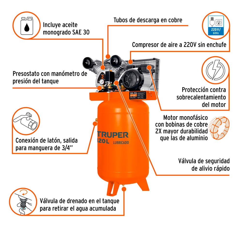 COMPRESORA VERTICAL 120L 4HP TRUPER COMP-120LVC - 2