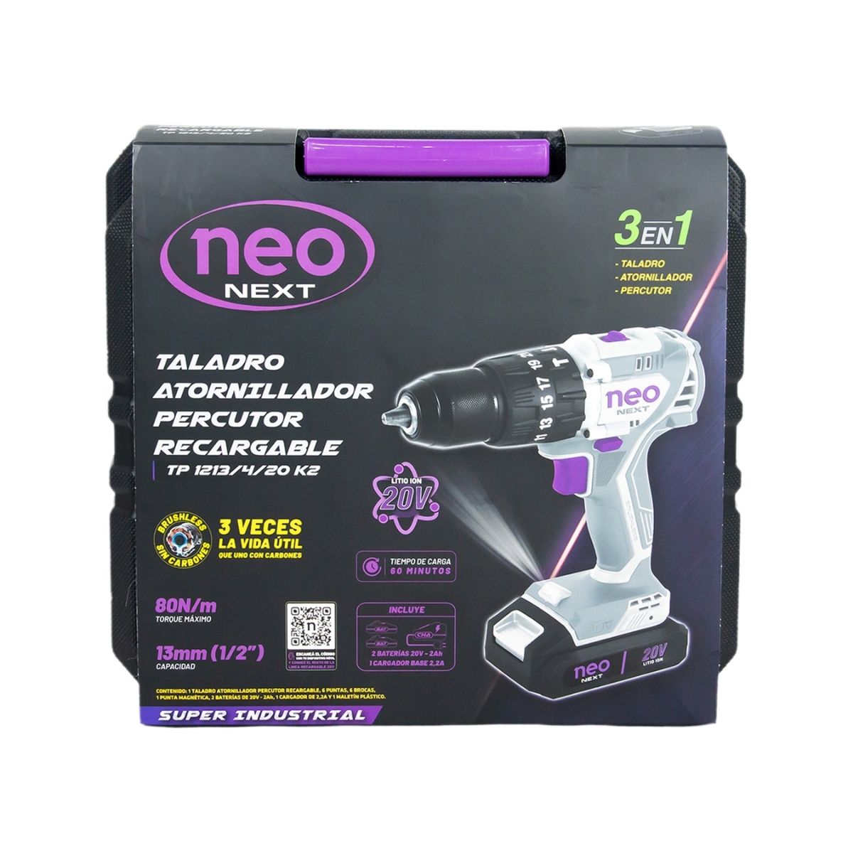 TALADRO ATORNILLADOR PERCUTOR BRUSHLESS 1/2' 80NM + 2 BATERÍAS + CARGADOR NEO TP 1213/4/20 K2 - 8