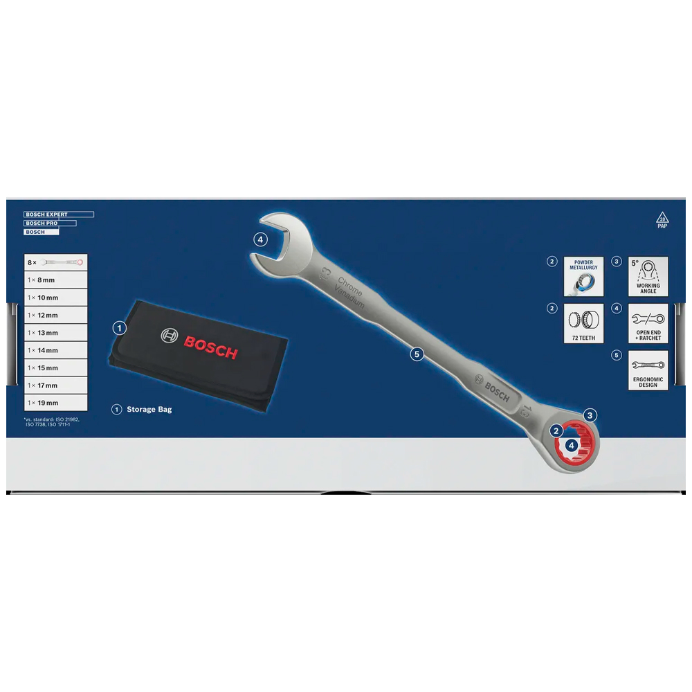 JUEGO LLAVE COMBINADA C/ RATCHET BOSCH 8-19 MM X8 PZ - 3