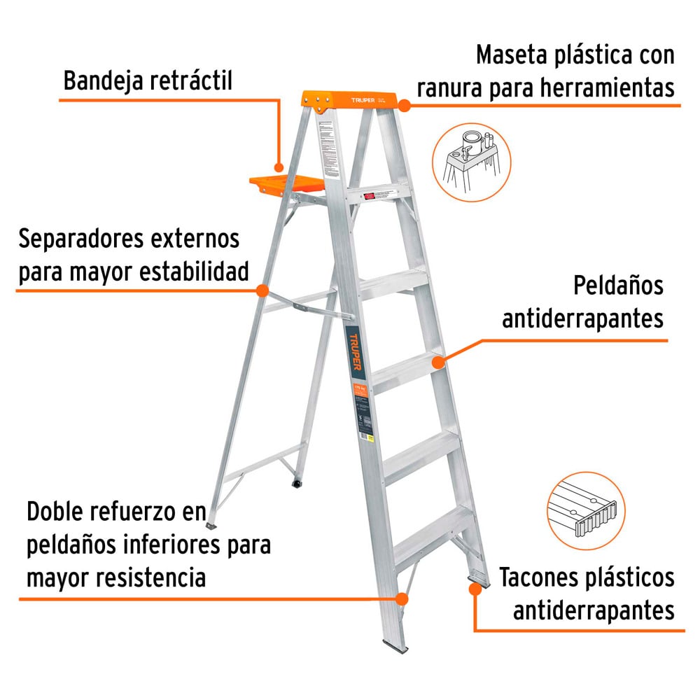 ESCALERA DE TIJERA TIPO LL 5 PELDAÑOS Y BANDEJA TRUPER - 2