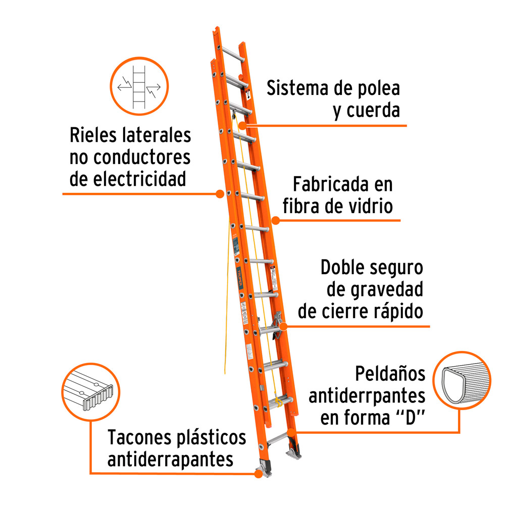 ESCALERA DE EXTENSIÓN TIPO II 24 PELDAÑOS FIBRA DE VIDRIO - 2