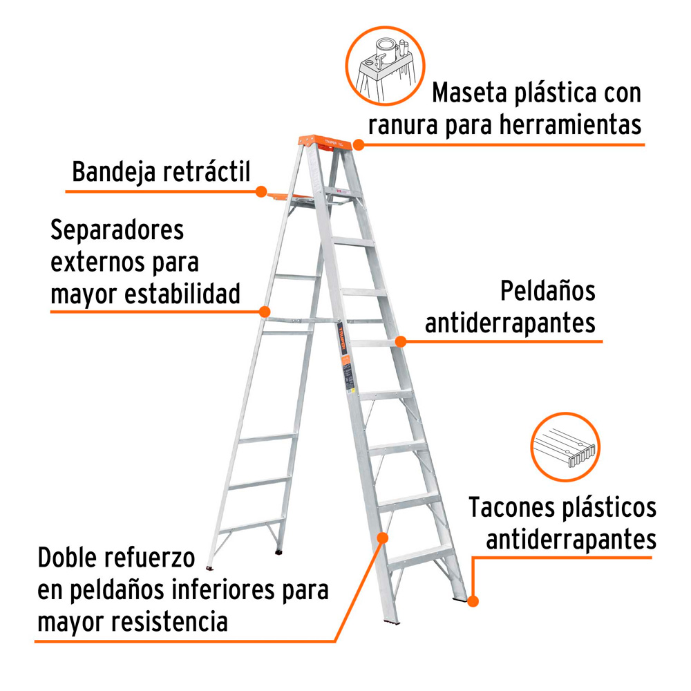 ESCALERA DE TIJERA TIPO LL 8 PELDAÑOS Y BANDEJA TRUPER - 2