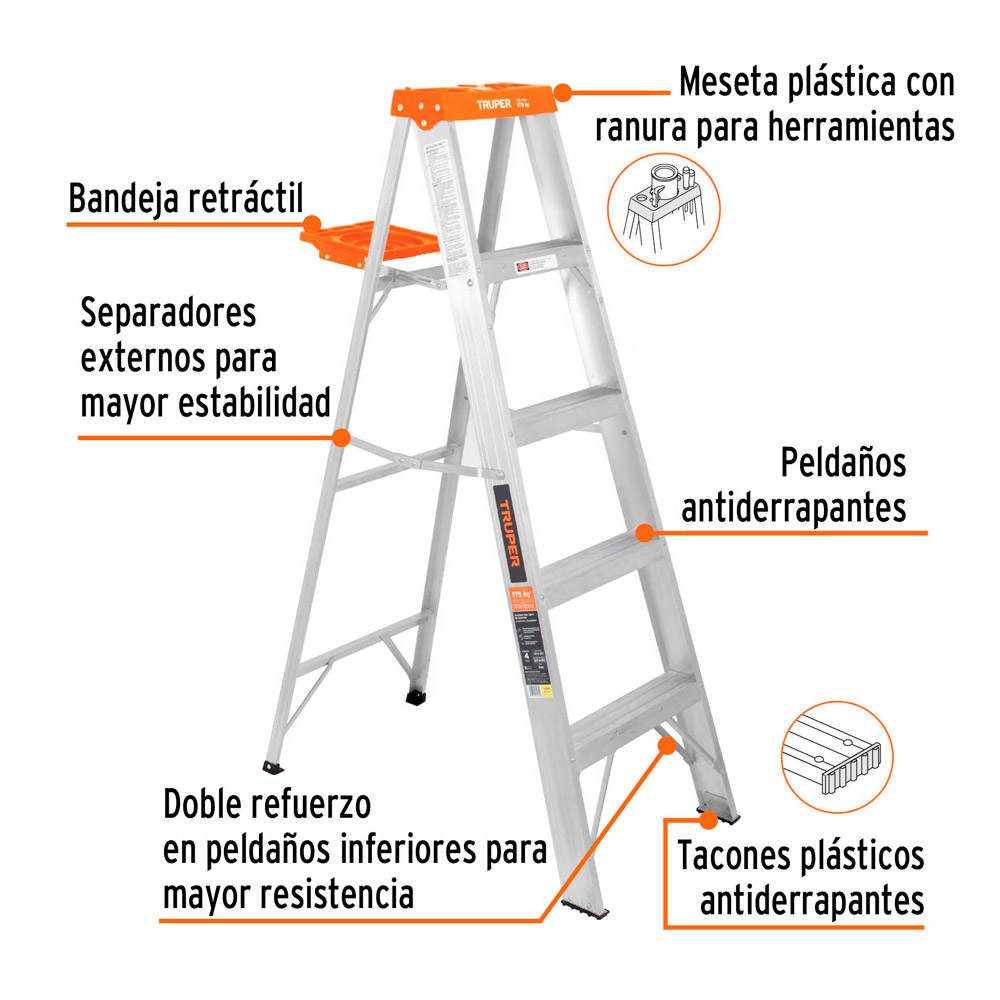 ESCALERA DE TIJERA TIPO LL 4 PELDAÑOS Y BANDEJA TRUPER - 2