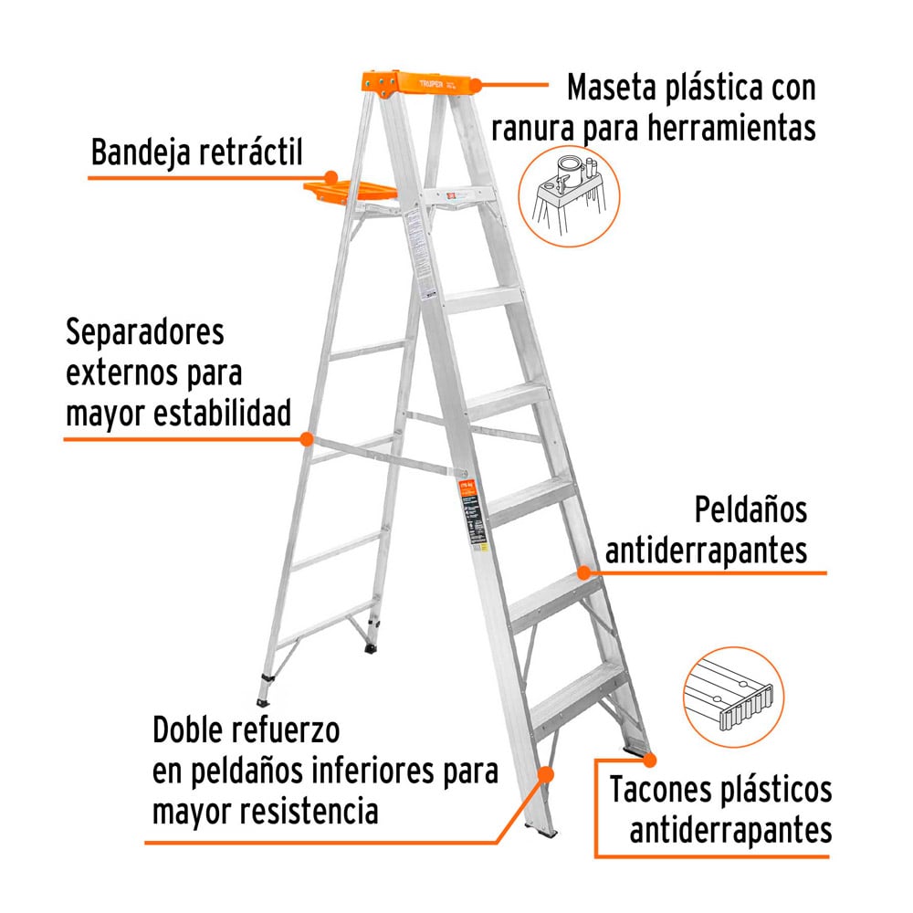 ESCALERA DE TIJERA TIPO II 6 PELDAÑOS Y BANDEJA TRUPER - 2