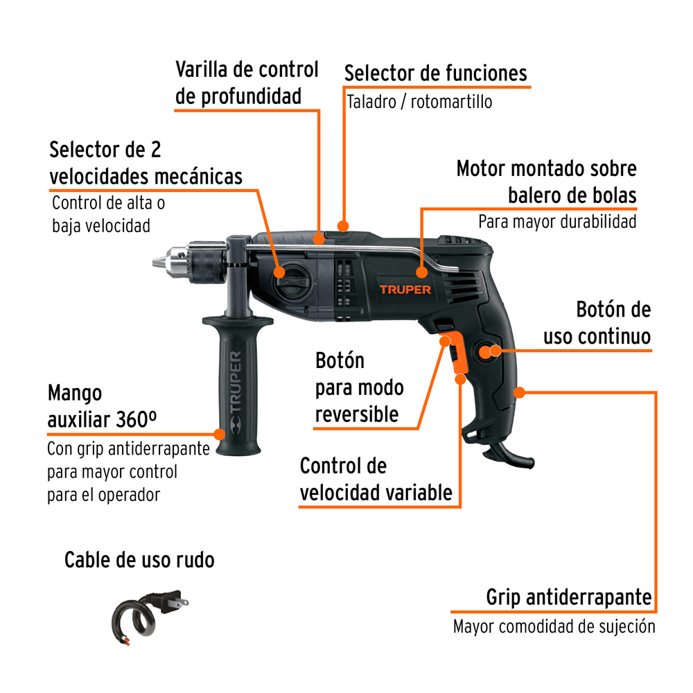 TALADRO PERCUTOR INDUSTRIAL 1/2' DE 900 W 220 V TRUPER - 2