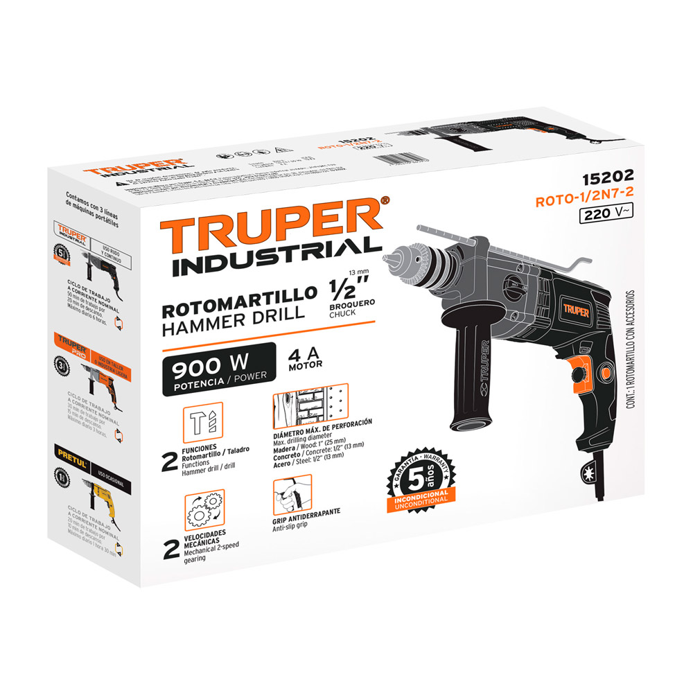 TALADRO PERCUTOR INDUSTRIAL 1/2' DE 900 W 220 V TRUPER - 4