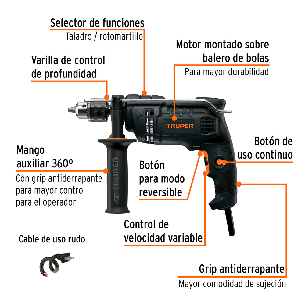 TALADRO PERCUTOR INDUSTRIAL 1/2' DE 650 W 220 V TRUPER - 2