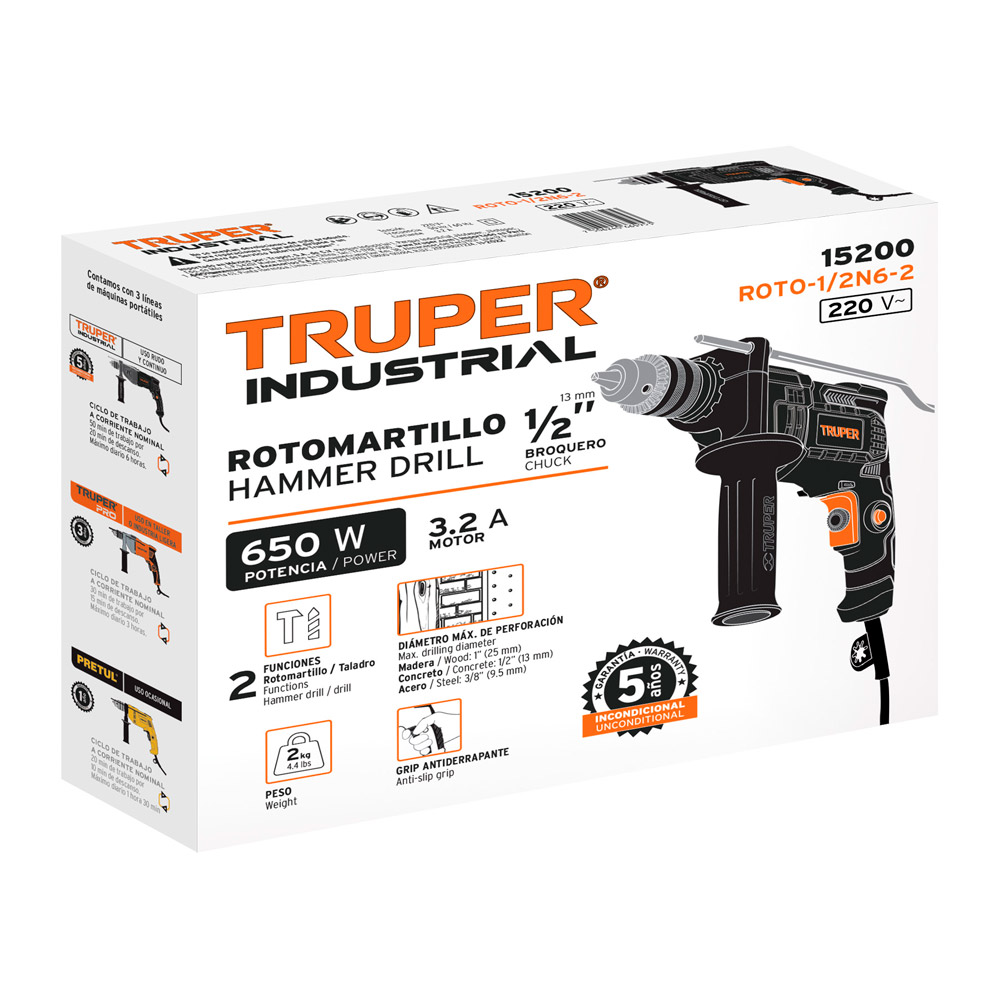 TALADRO PERCUTOR INDUSTRIAL 1/2' DE 650 W 220 V TRUPER - 4