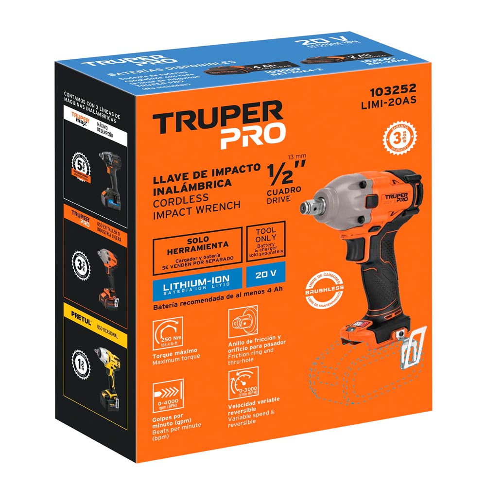 LLAVE DE IMPACTO INALÁMBRICA 20 V 1/2' TRUPER LIMI-20AS - 3