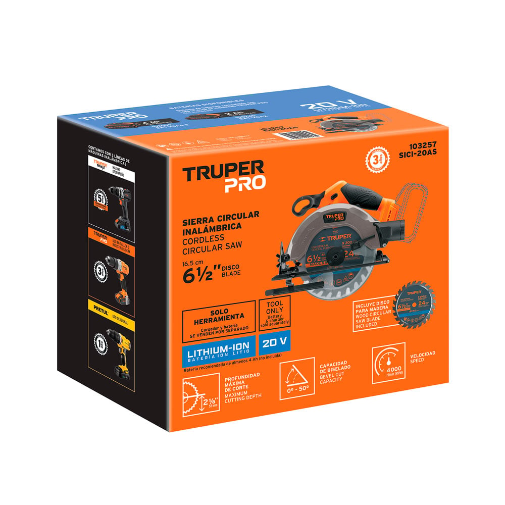 SIERRA CIRCULAR 20 V 6 1/2' SIN BATERIA TRUPER SICI-20AS - 4