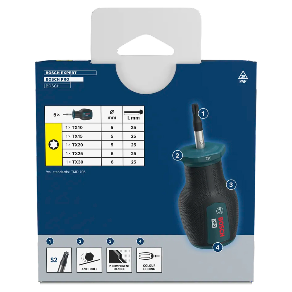 JUEGO DESTORNILLADOR PRO BOSCH CORTO TX X 5 PZ 1600A039PU - 3