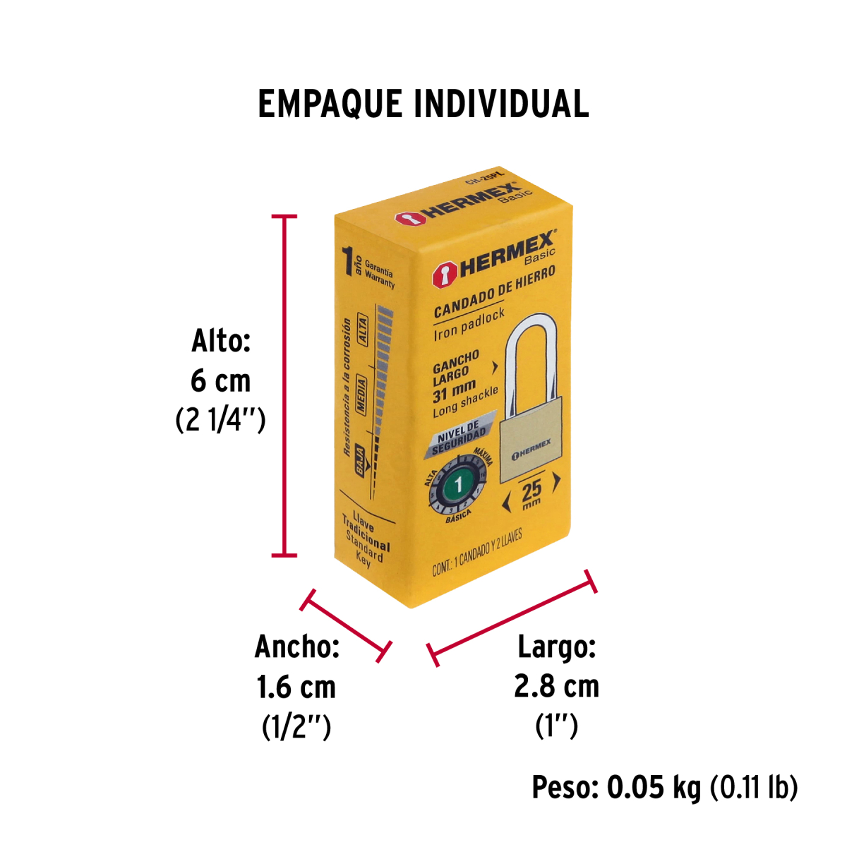 CANDADO DE HIERRO 25 MM ARCO LARGO HERMEX BASIC CH-25PL - 6