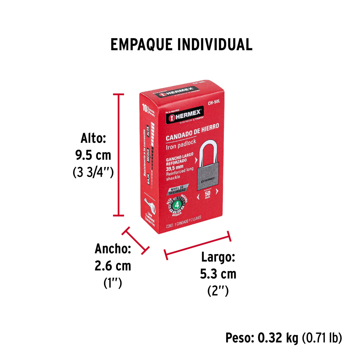 CANDADO DE HIERRO 50 MM ARCO LARGO EN CAJA HERMEX CH-50L - 6