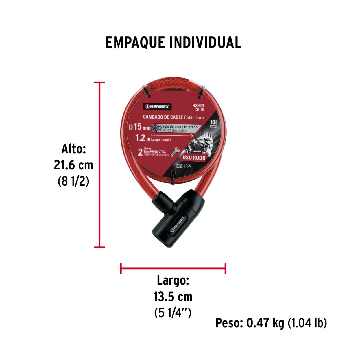 CANDADO DE CABLE CON LLAVE 15MM X 1.20 M HERMEX CB-15 - 2