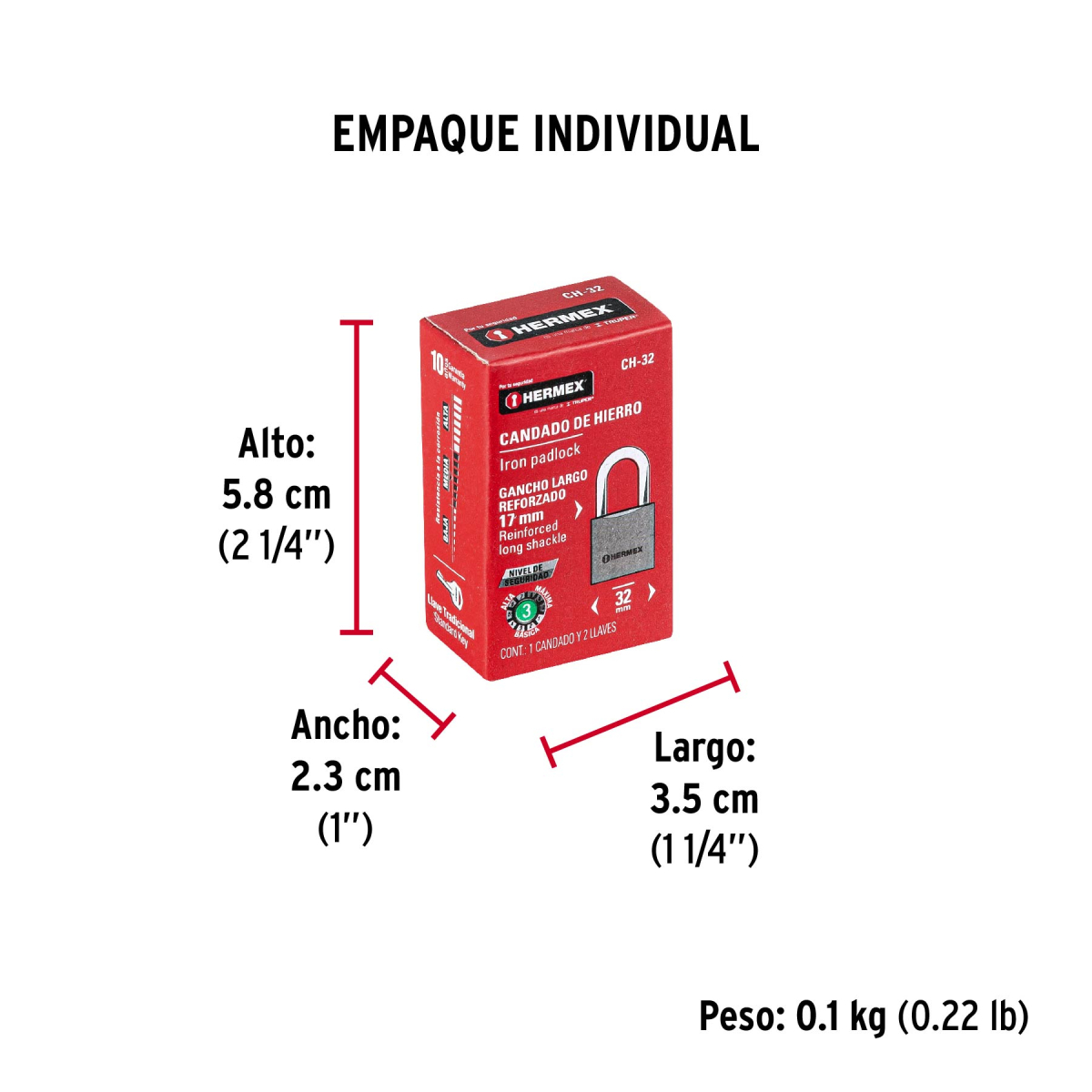 CANDADO DE HIERRO 32 MM ARCO NORMAL EN CAJA HERMEX CH-32 - 6