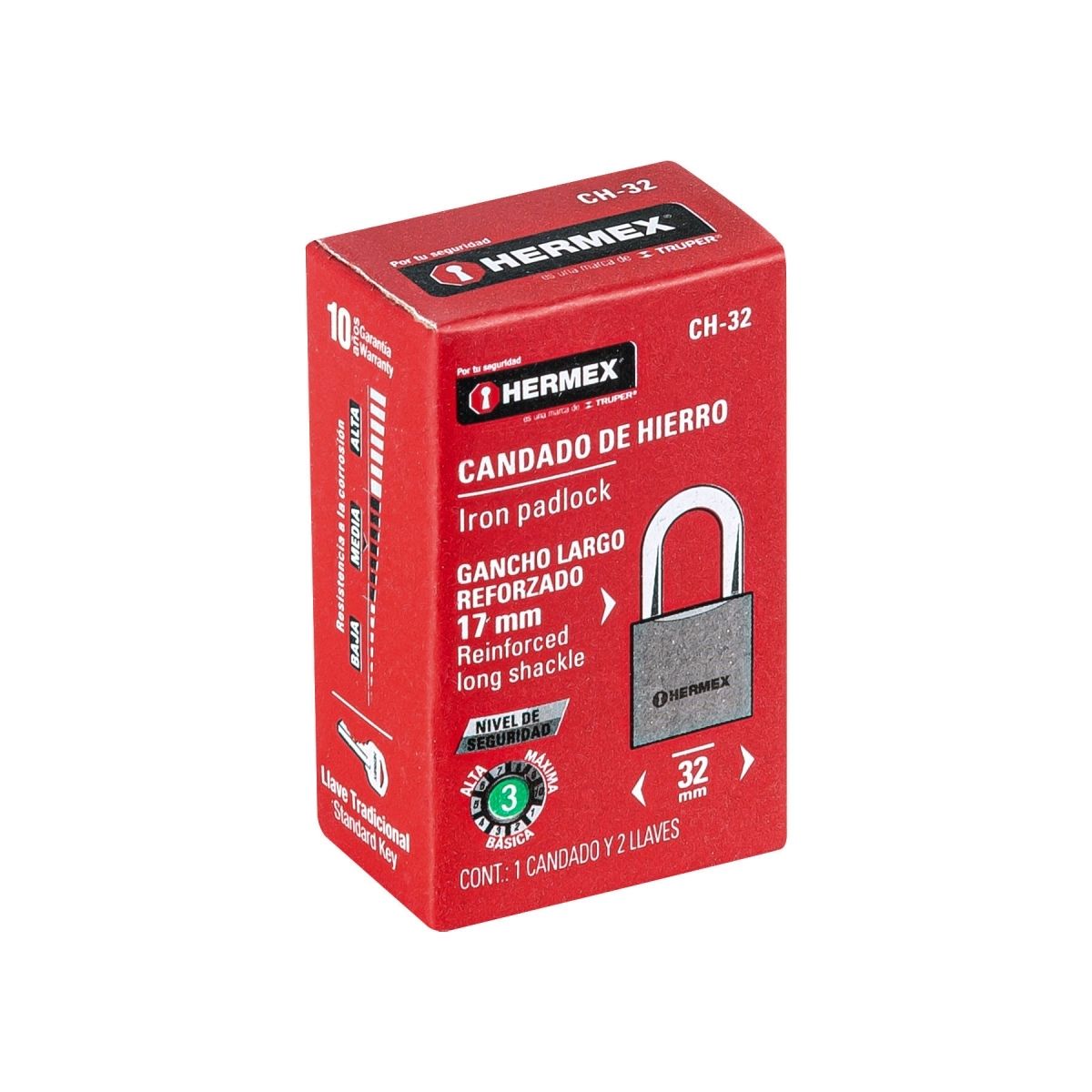CANDADO DE HIERRO 32 MM ARCO NORMAL EN CAJA HERMEX CH-32 - 7