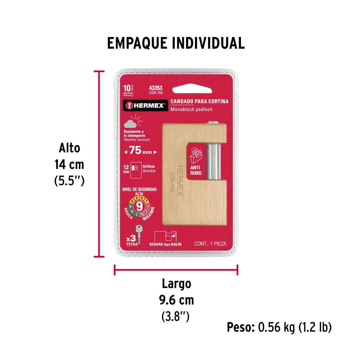 CANDADO ANTIPALANCA 75 MM LLAVE TETRA HERMEX COR-75X - 6