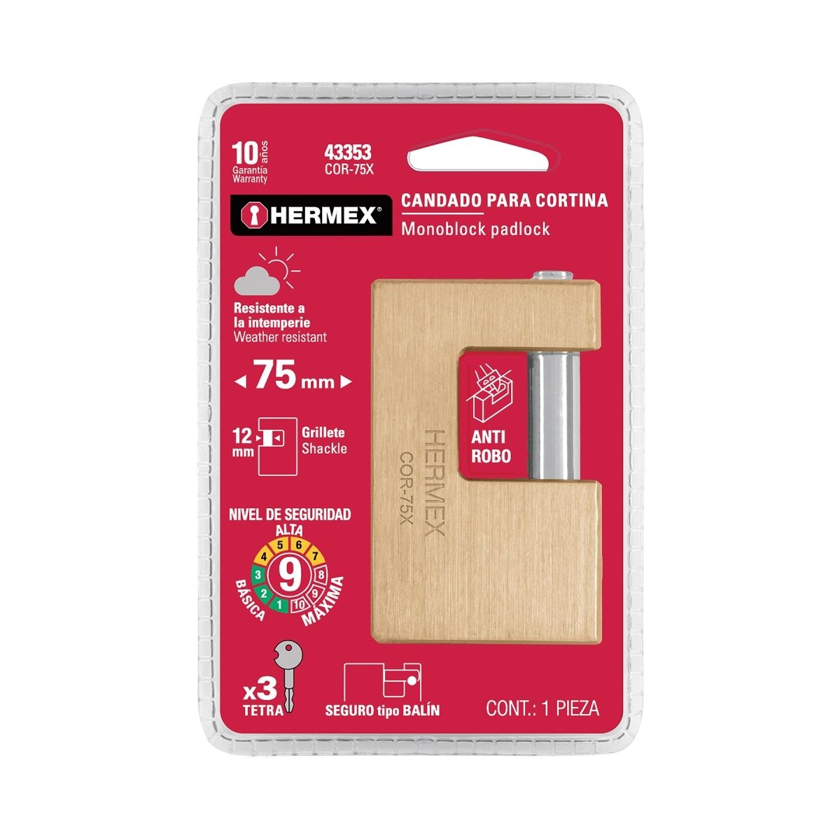 CANDADO ANTIPALANCA 75 MM LLAVE TETRA HERMEX COR-75X - 7