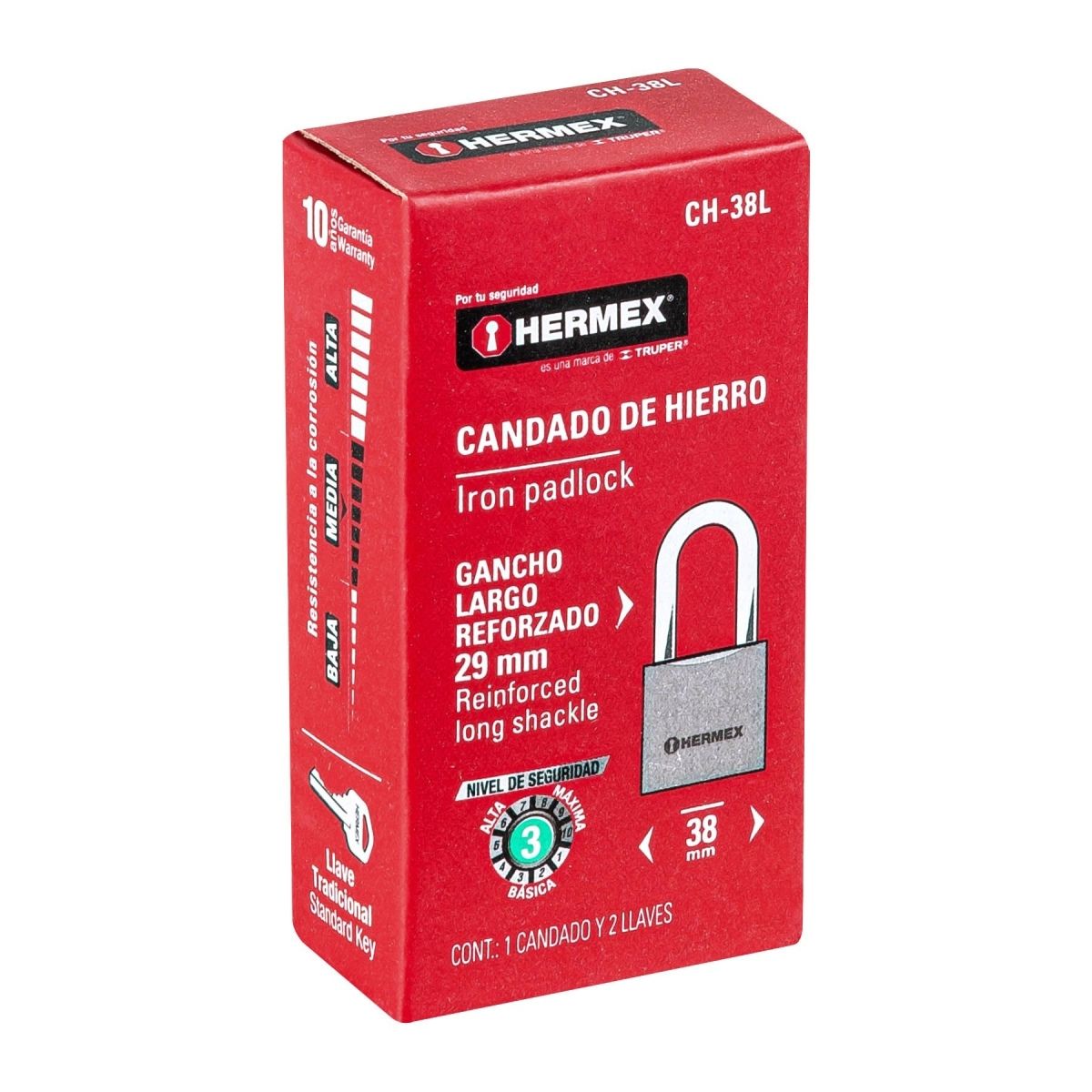 CANDADO DE HIERRO 38 MM ARCO LARGO HERMEX CH-38L - 7