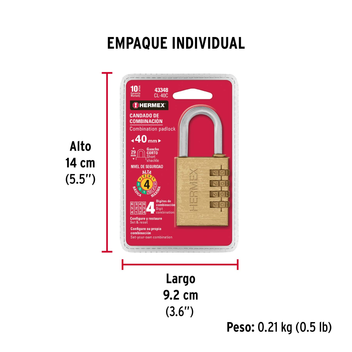 CANDADO DE COMBINACIÓN 40 MM LATÓN HERMEX CL-40C - 6