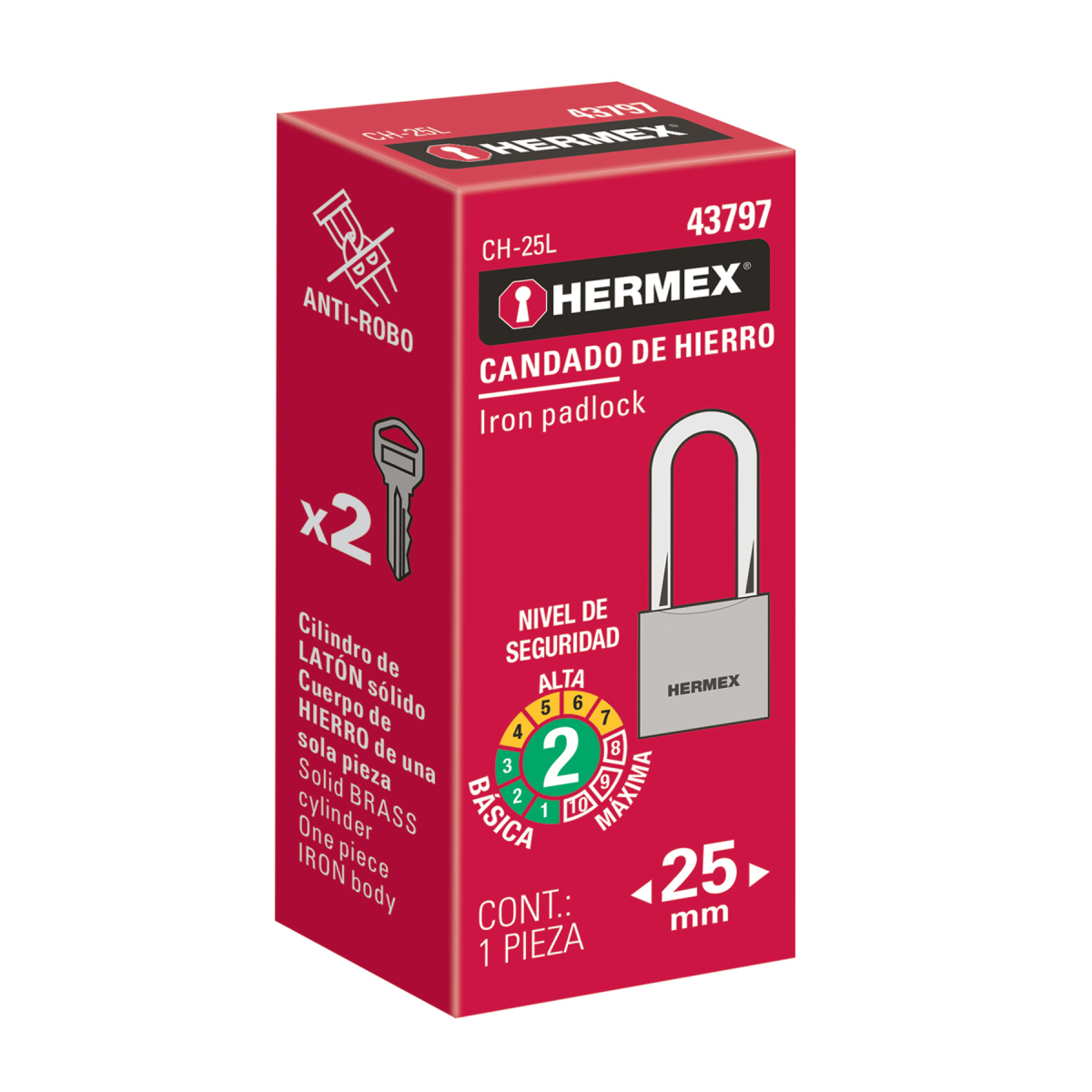 CANDADO DE HIERRO 25 MM ARCO LARGO HERMEX CH-25L - 7