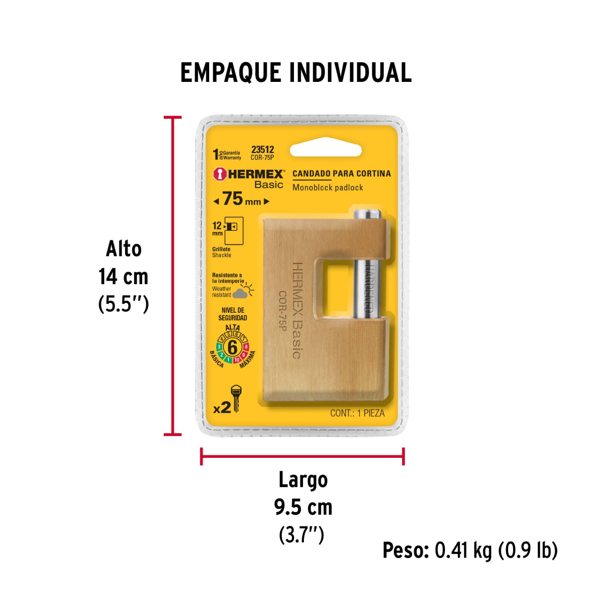 CANDADO ANTIPALANCA 75 MM LATÓN HERMEX BASIC COR-75P - 6