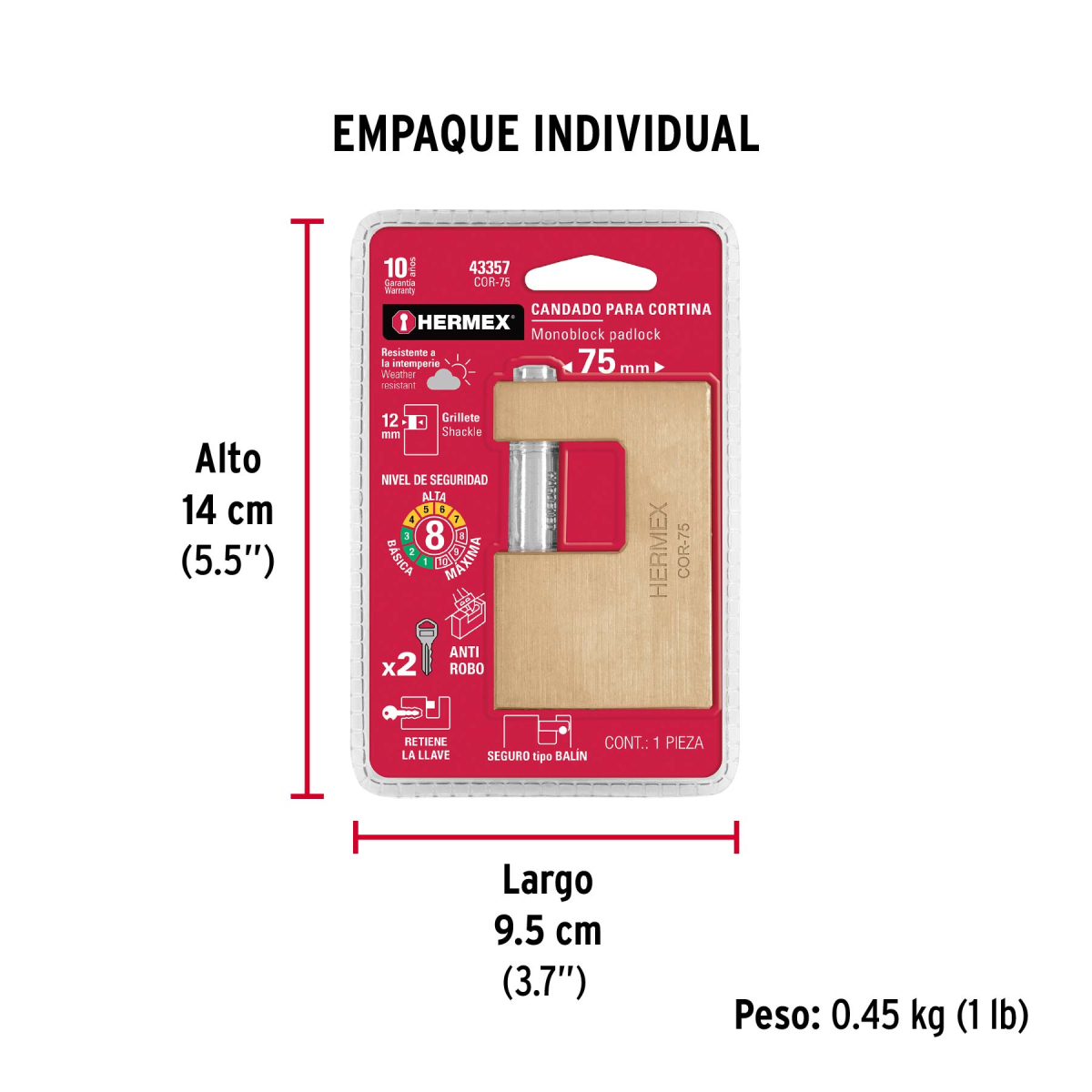 CANDADO ANTIPALANCA 75 MM LATÓN HERMEX COR-75 - 6