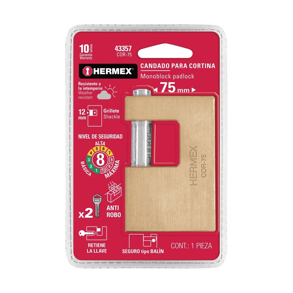CANDADO ANTIPALANCA 75 MM LATÓN HERMEX COR-75 - 7