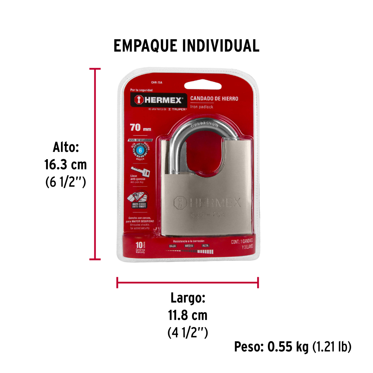 CANDADO ACORAZADO 70 MM ANTIGANZÚA HERMEX CHR-70A - 6