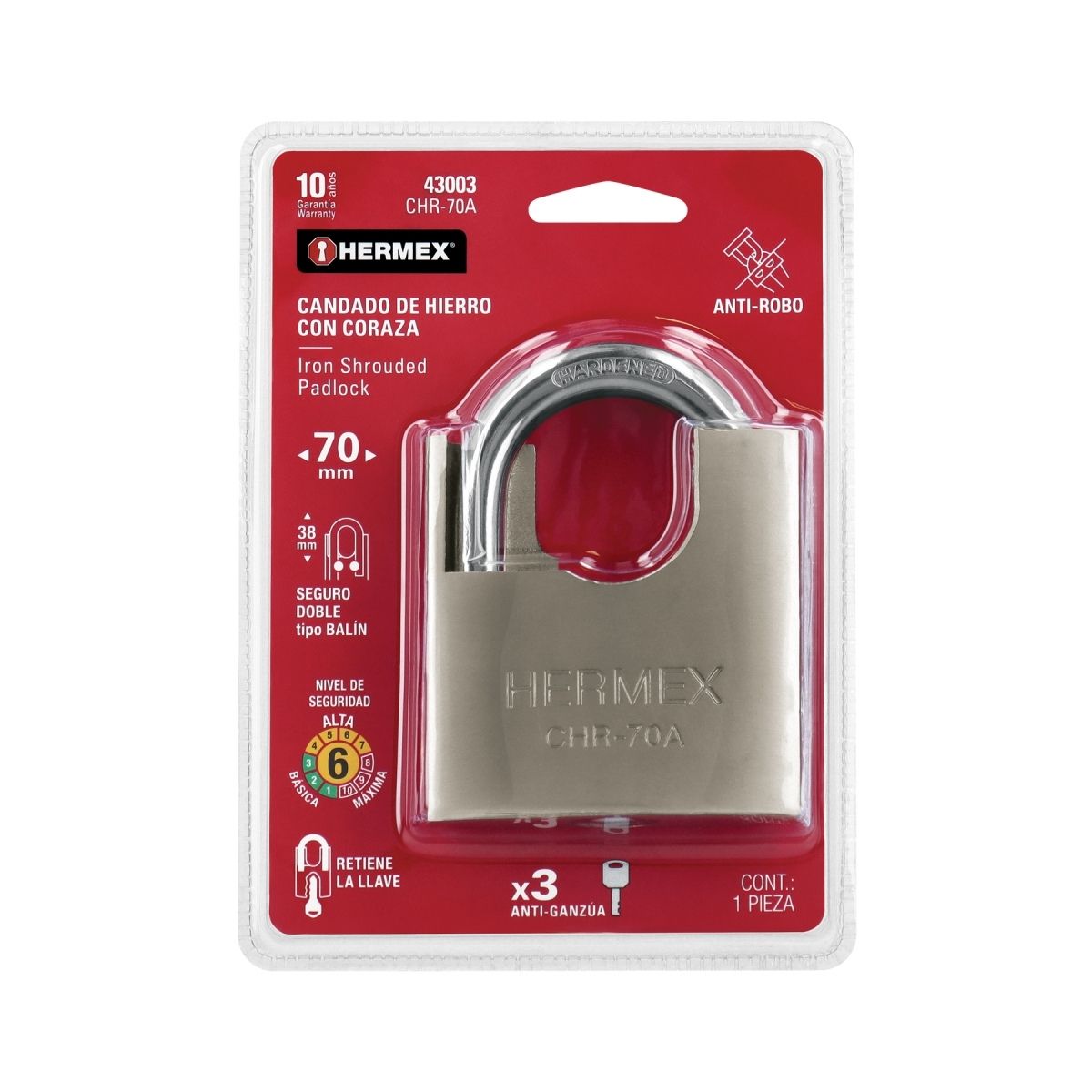 CANDADO ACORAZADO 70 MM ANTIGANZÚA HERMEX CHR-70A - 7