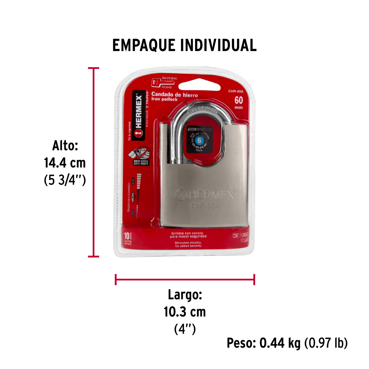 CANDADO ACORAZADO 60 MM ANTIGANZÚA HERMEX CHR-60A - 6