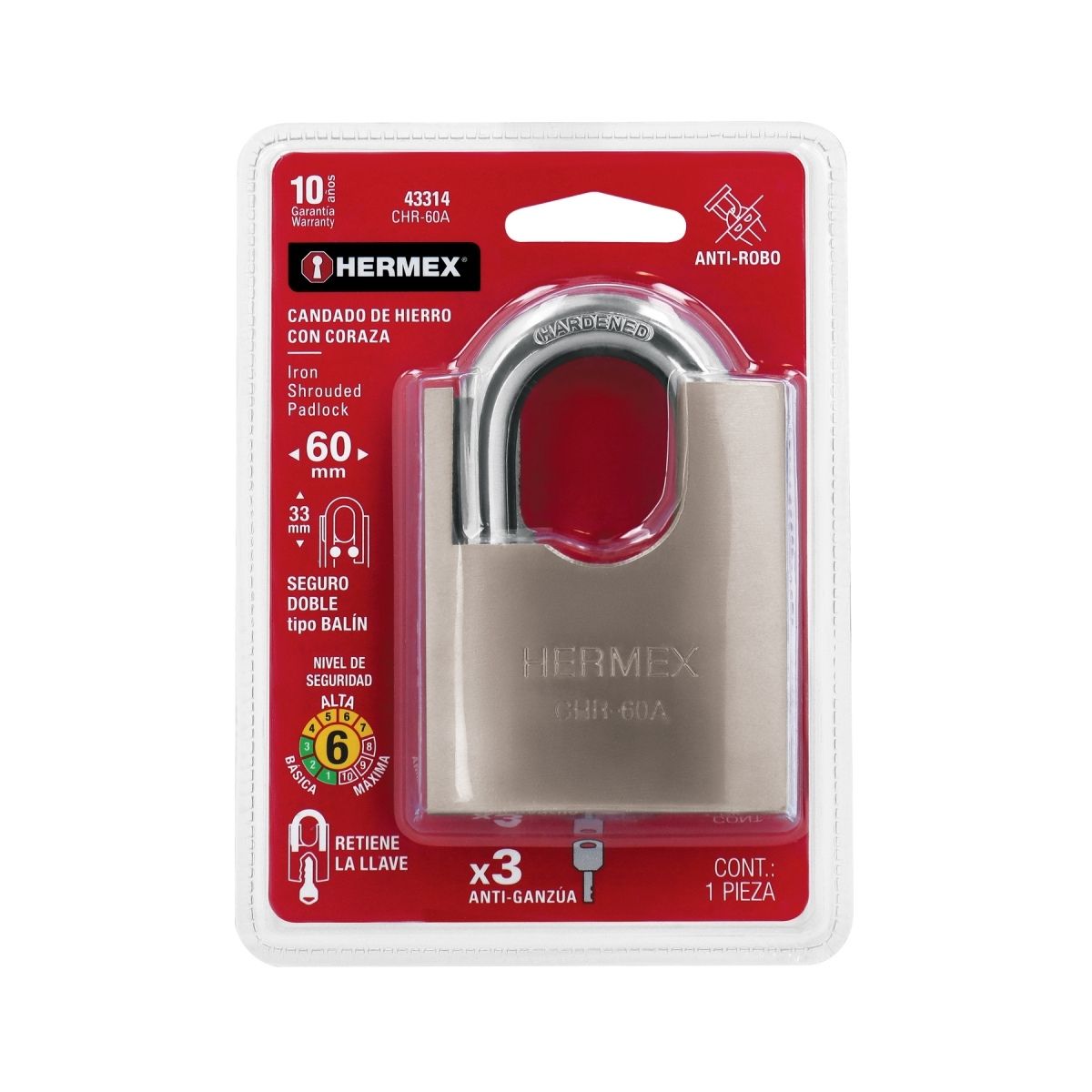 CANDADO ACORAZADO 60 MM ANTIGANZÚA HERMEX CHR-60A - 7