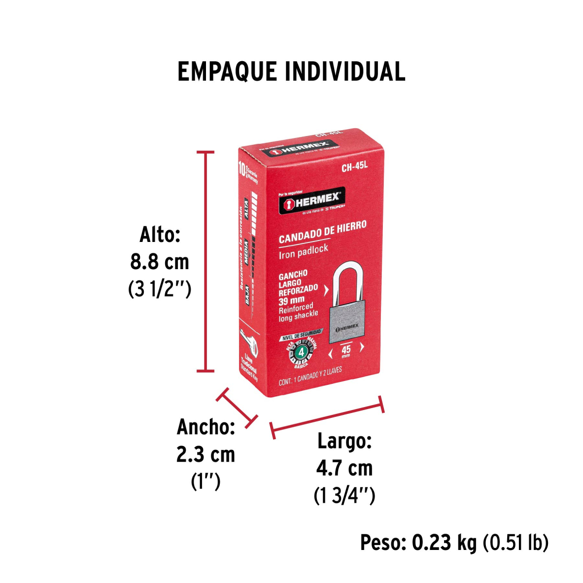 CANDADO DE HIERRO 45 MM ARCO LARGO HERMEX CH-45L - 6