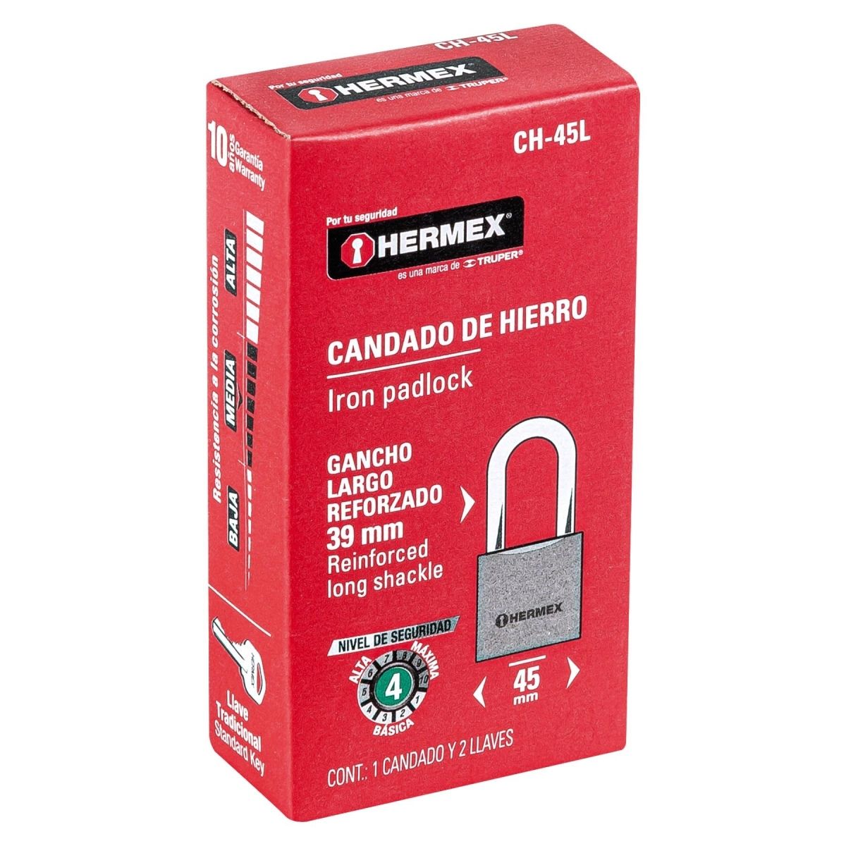 CANDADO DE HIERRO 45 MM ARCO LARGO HERMEX CH-45L - 7