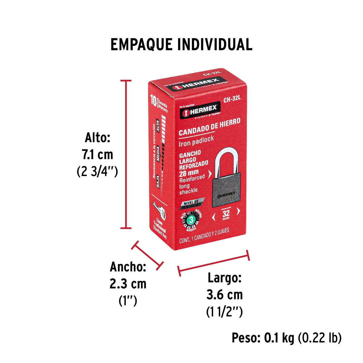 CANDADO DE HIERRO 32 MM ARCO LARGO HERMEX CH-32L - 6