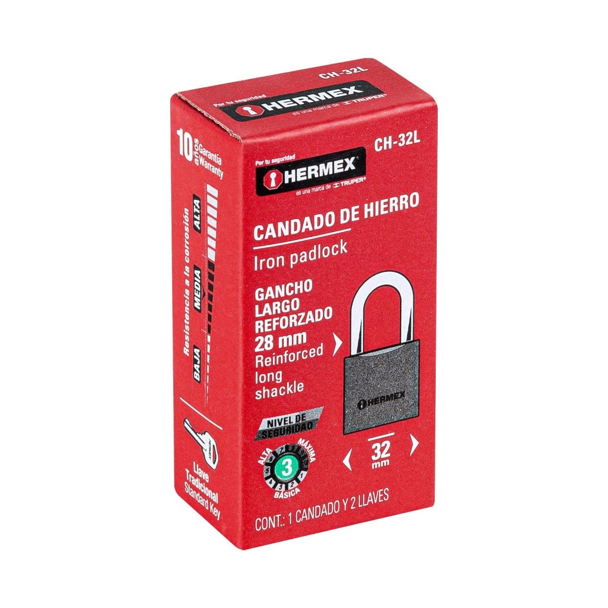 CANDADO DE HIERRO 32 MM ARCO LARGO HERMEX CH-32L - 7
