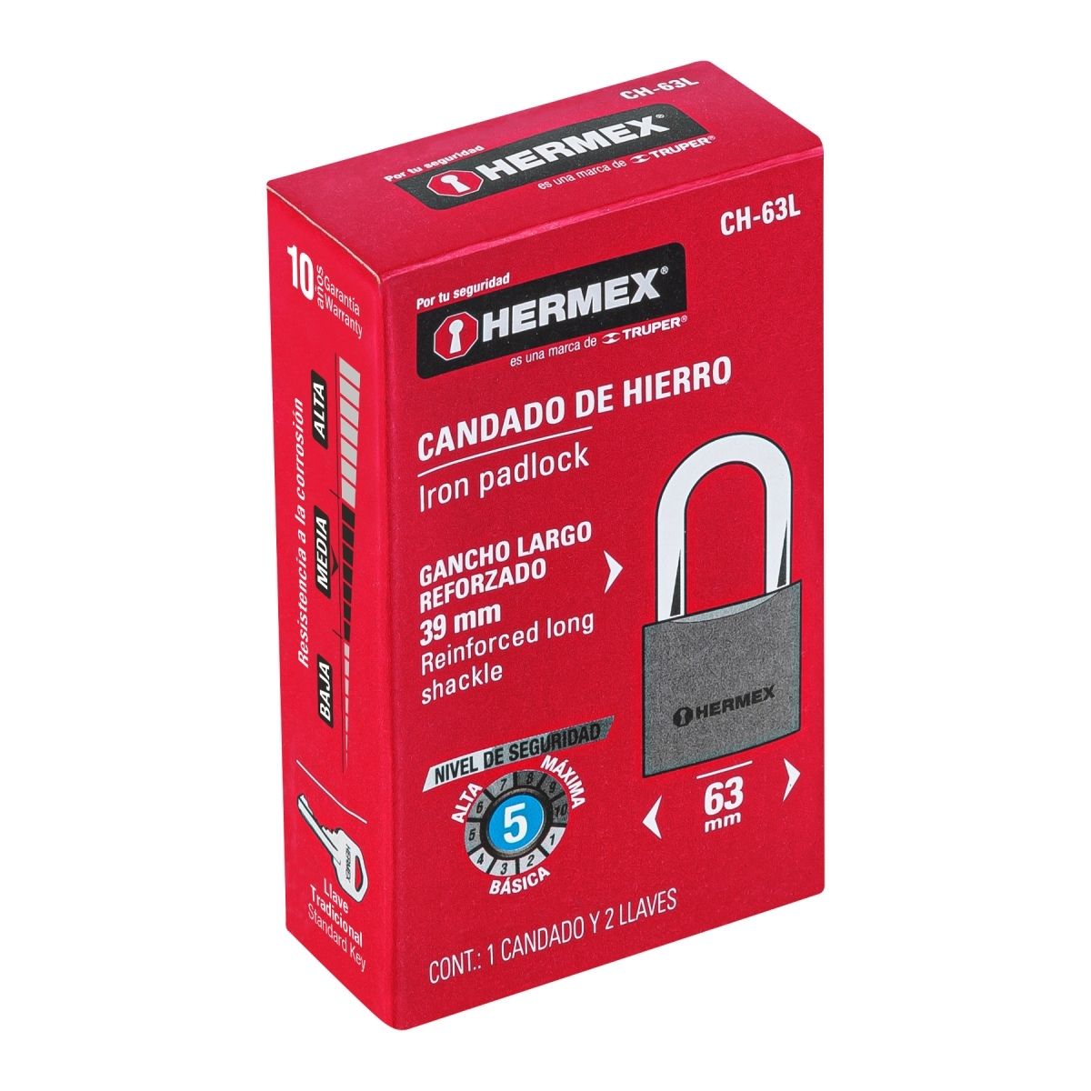 CANDADO DE HIERRO 63 MM ARCO LARGO HERMEX CH-63L - 7