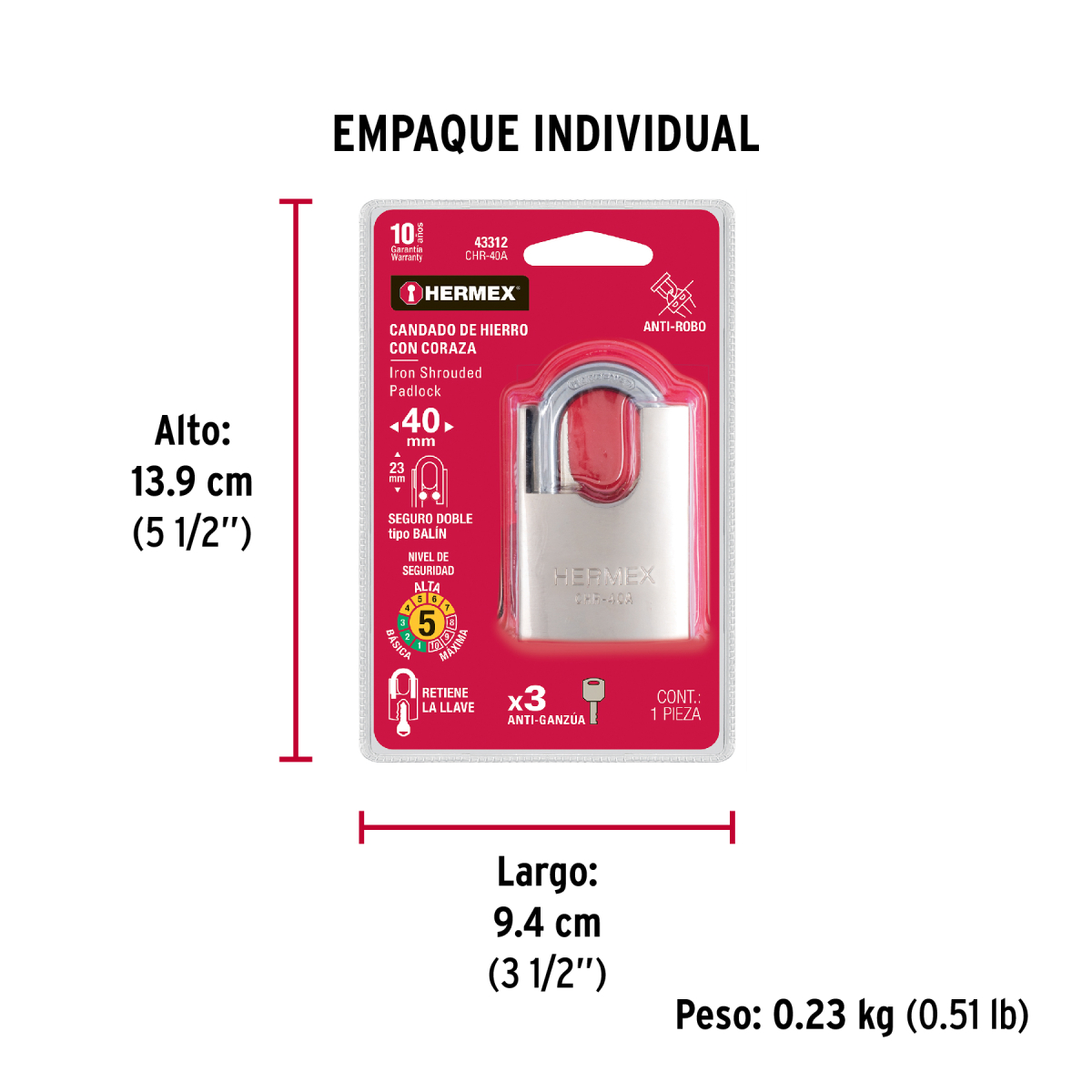 CANDADO ACORAZADO 40 MM ANTIGANZÚA HERMEX CHR-40A - 6