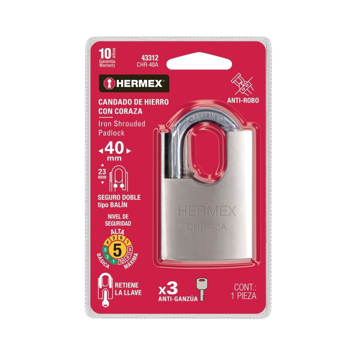 CANDADO ACORAZADO 40 MM ANTIGANZÚA HERMEX CHR-40A - 7