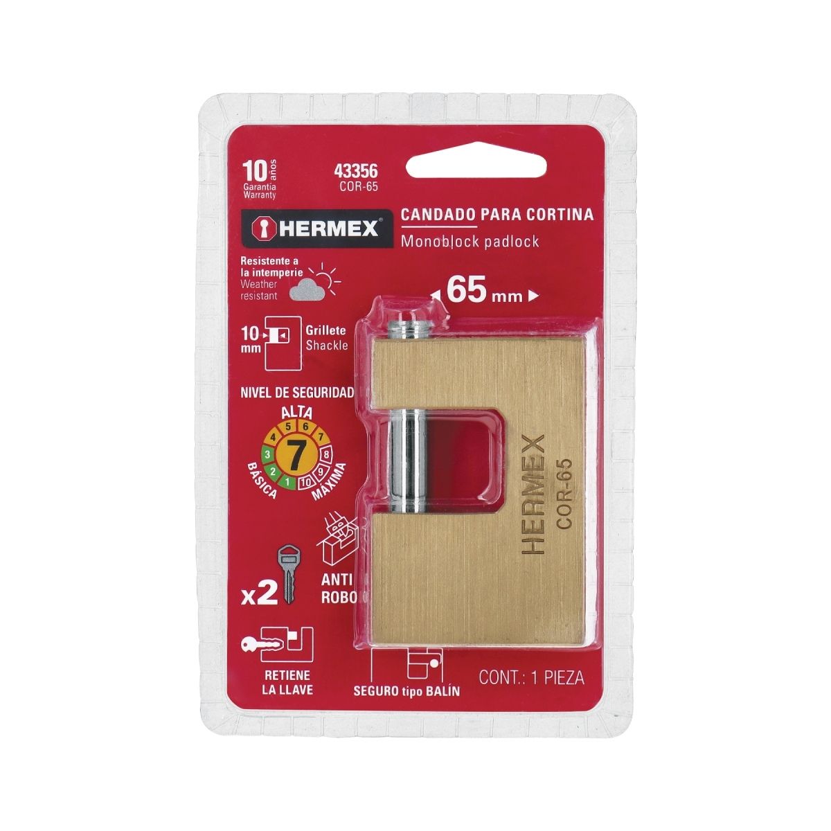 CANDADO ANTIPALANCA 65 MM LATÓN HERMEX COR-65 - 6