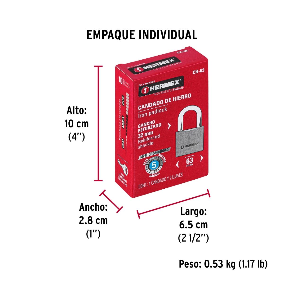 CANDADO DE HIERRO 63 MM ARCO CORTO HERMEX CH-63 - 6