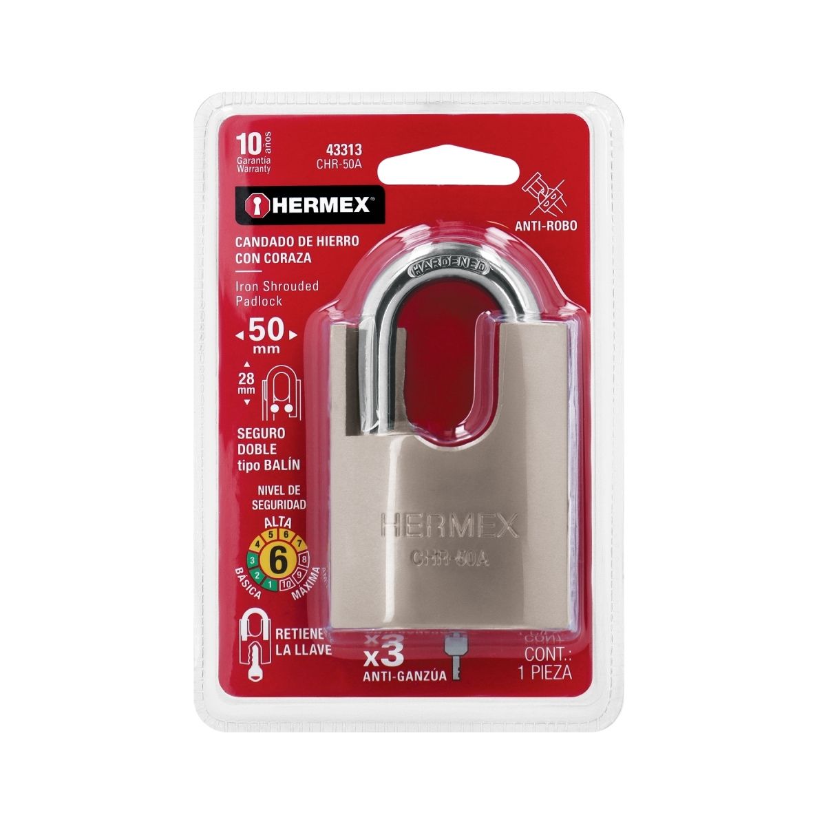 CANDADO ACORAZADO 50 MM ANTIGANZÚA HERMEX CHR-50A - 7
