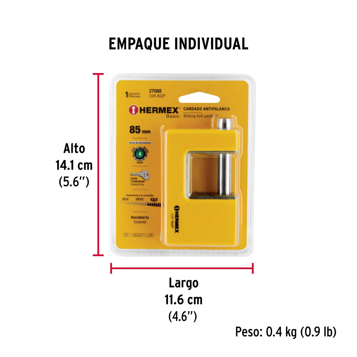 CANDADO ANTIPALANCA 85 MM METÁLICO HERMEX BASIC COR-85ZP - 6