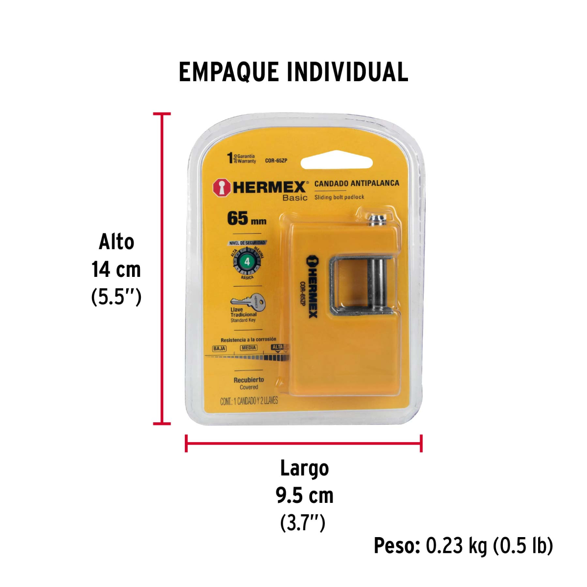CANDADO ANTIPALANCA 65 MM METÁLICO HERMEX BASIC COR-65ZP - 6