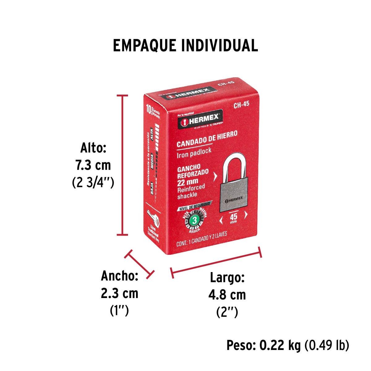 CANDADO DE HIERRO 45 MM ARCO CORTO HERMEX CH-45 - 6