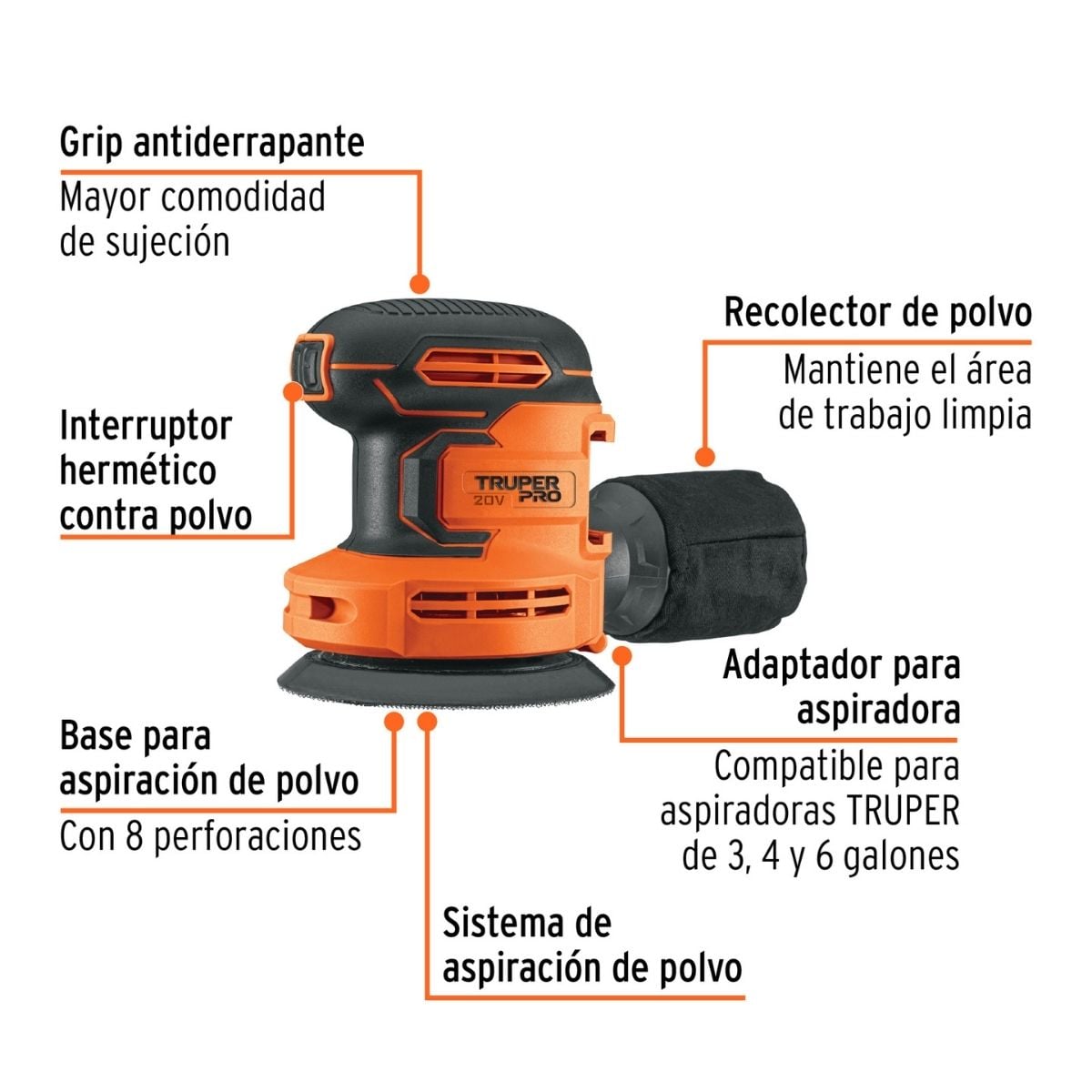 LIJADORA ROTO-ORBITAL 5' 20V SIN BATERIA TRUPER LIRI-20AS - 2