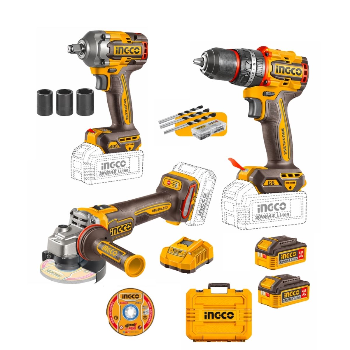 TALADRO + LLAVE + AMOLADORA 20V BL + BATERÍA INGCO CKLI20358 - 1