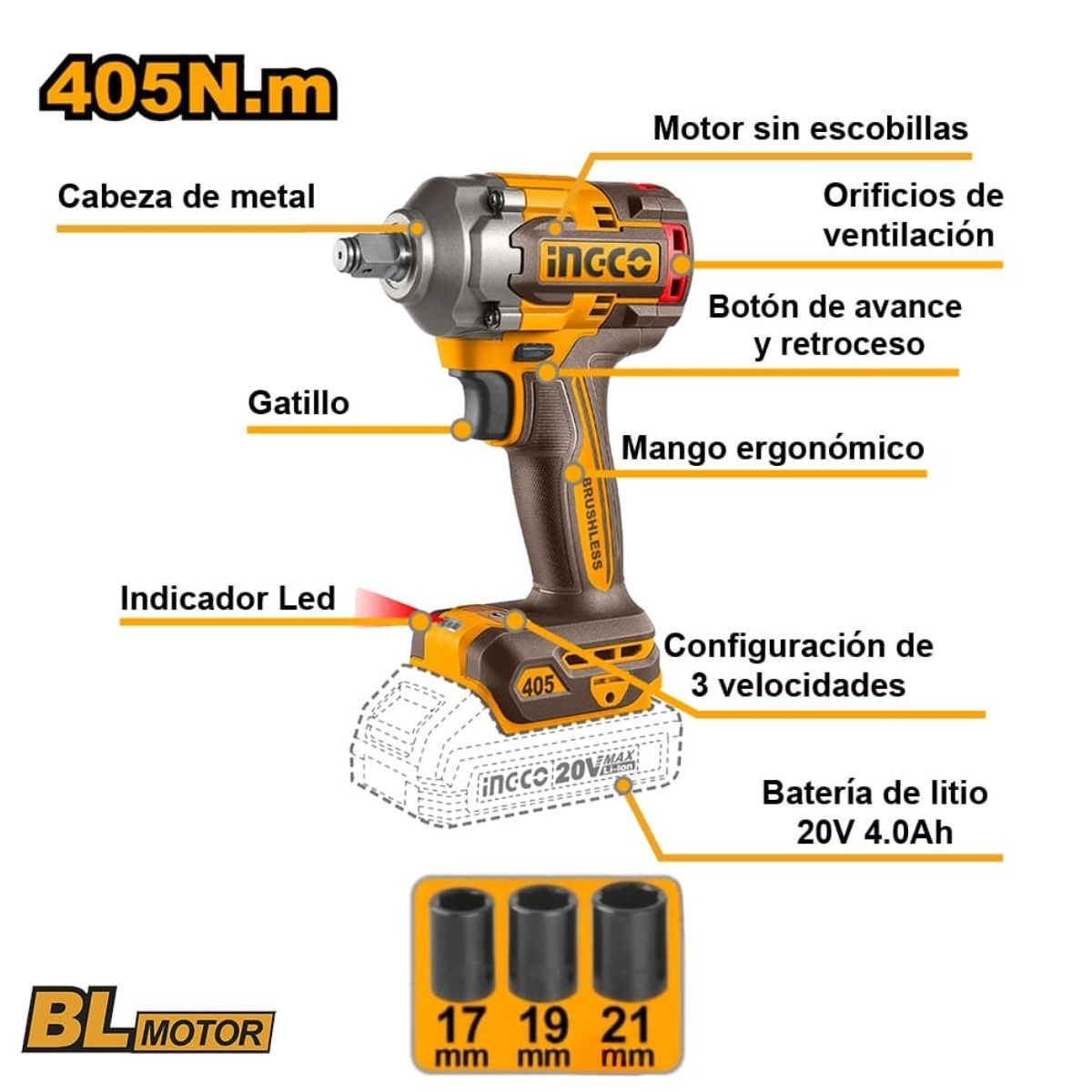 TALADRO + LLAVE + AMOLADORA 20V BL + BATERÍA INGCO CKLI20358 - 4