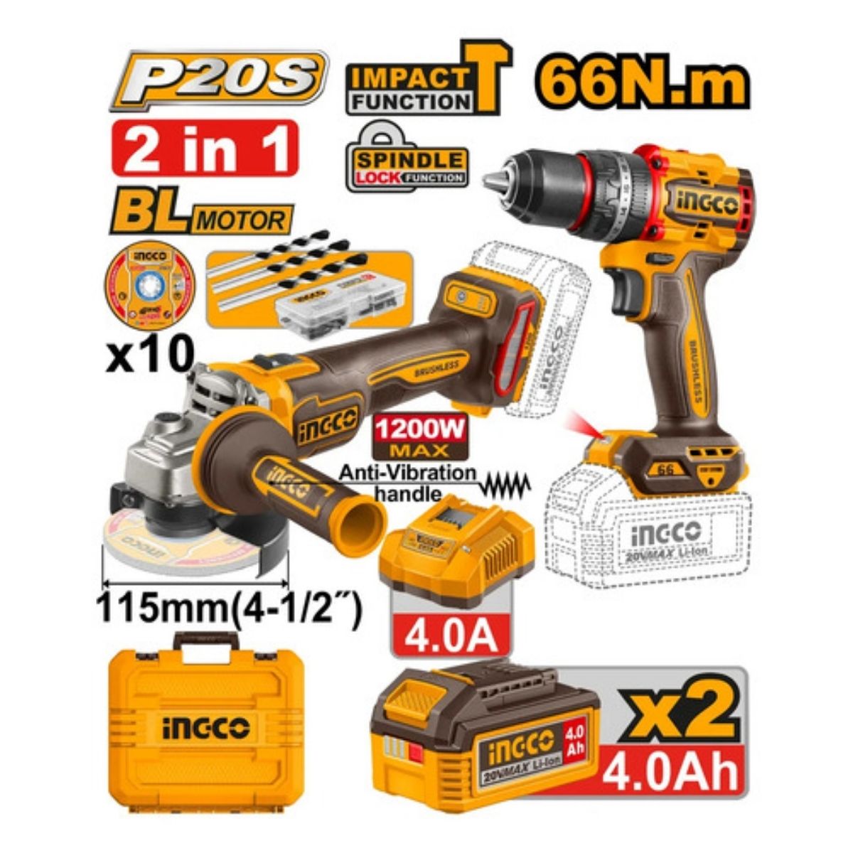 TALADRO PERCUTOR + AMOLADORA 115 MM 20V INGCO CKLI20256 - 2