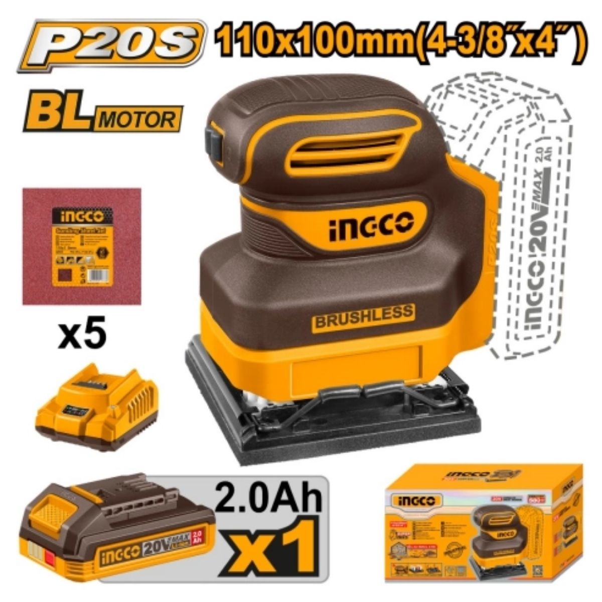 LIJADORA ORBITAL 20V BL 110X100MM BATERÍA INGCO CSHSLI20241 - 2